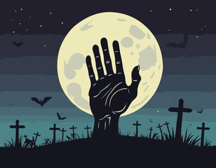 Zombie Hand Rising from the Grave with Full Moon Silhouette Background Vector Illustration
