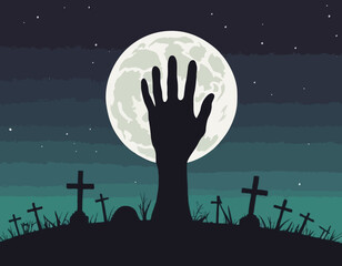 Zombie Hand Rising from the Grave with Full Moon Silhouette Background Vector Illustration