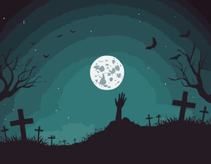 Zombie Hand Rising from the Grave with Full Moon Silhouette Background Vector Illustration