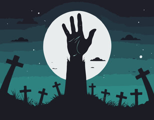 Zombie Hand Rising from the Grave with Full Moon Silhouette Background Vector Illustration