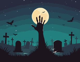 Zombie Hand Rising from the Grave with Full Moon Silhouette Background Vector Illustration