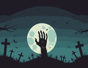 Zombie Hand Rising from the Grave with Full Moon Silhouette Background Vector Illustration