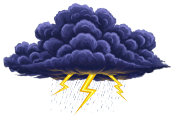Dark storm cloud with lightning and rain PNG isolated on transparent background, weather phenomenon for meteorology and climate concepts