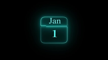 Glowing neon 1 January  DAY icon isolated on black background neon sign with a calendar that says "1 DAYS". HD Video motion graphic animation