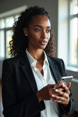 Obraz premium Photorealistic portrait of a business woman with dark skin and a pensive expression, using a smartphone