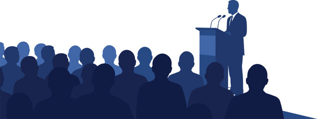 Business conference vector, professional speaker at podium with microphone, corporate seminar audience illustration, keynote presentation training session design