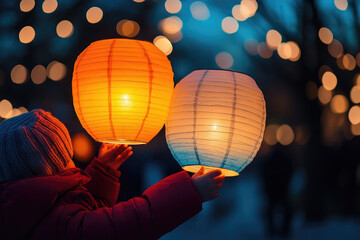 During traditional Saint Martin's day parade in Germany, a young girl gently holds a large illuminated paper lantern, surrounded by a magical atmosphere of glowing lights and community spirit
