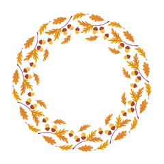 Acorns circle frame. Decorative Autumn wreath with leaves and acorns in warm colors for seasonal celebration. Forest plants round border. Hand drawn flat design vector illustration.