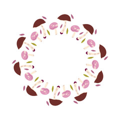Mushrooms circle frame.  Vibrant circular arrangement of various mushrooms and leaves. Decorative Fall wreath. Forest plants round border. Hand drawn flat design vector illustration.