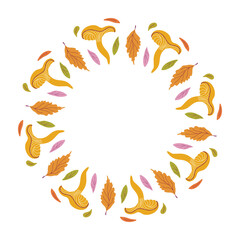 Mushrooms and leaves Autumn circle frame. Decorative Fall wreath. Forest plants round border. Harvest festival. Hand drawn flat design vector illustration.

