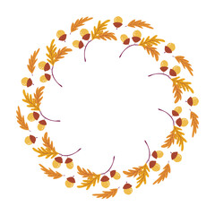 Acorns and oak leaves circle frame. Decorative Autumn wreath in warm colors for seasonal celebration. Forest plants round border. Hand drawn flat design vector illustration.
