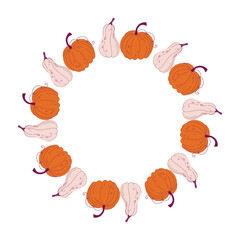 Pumpkins circle frame. Decorative Fall wreath. Cute Autumn vegetables round border. Harvest festival and Thanksgiving theme. Hand drawn flat design vector illustration.