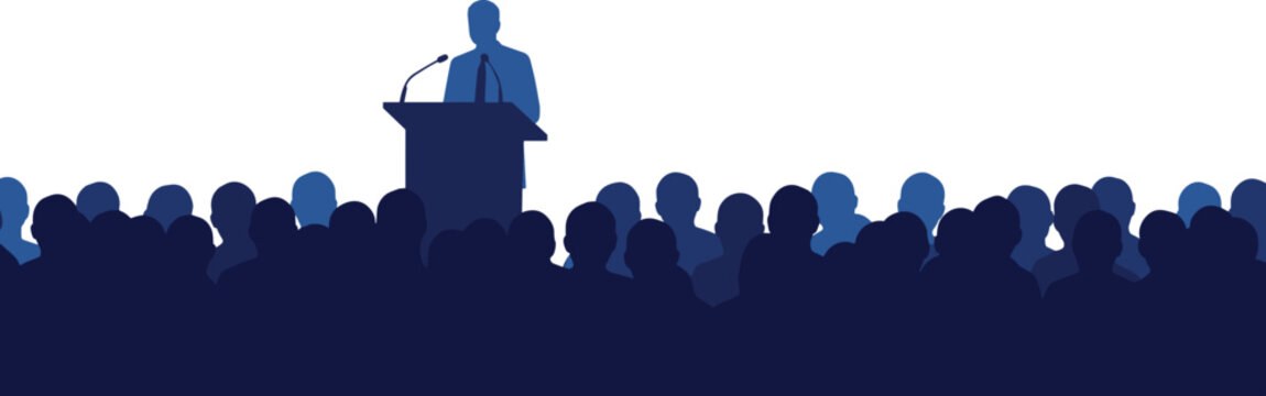 Business conference vector, professional speaker giving keynote speech at podium, corporate seminar presentation with large audience illustration