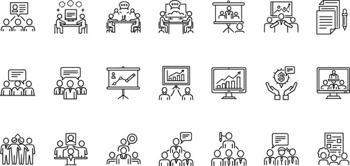 Business meeting presentation icons, teamwork collaboration vector set, corporate communication symbols, office management, leadership, planning, growth strategy illustrations