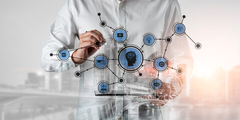 A business professional interacts with a digital interface, showcasing data analysis and technology...