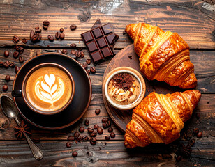 Coffee, croissant, and chocolate on wooden table