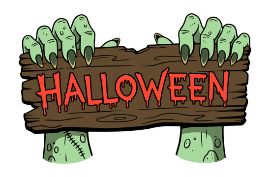 zombie hands holding a Halloween wooden sign cartoon illustration
