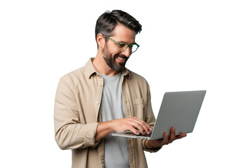 Smiling Bearded Man with Green Glasses Enthusiastically Engaged with Laptop, Representing Modern Digital Work, Online Communication, and Positive Professional Connection on white Background.