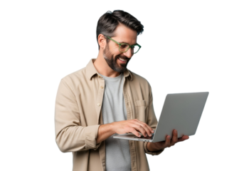 Smiling Bearded Man with Green Glasses Enthusiastically Engaged with Laptop, Representing Modern Digital Work, Online Communication, and Positive Professional Connection on white Background.