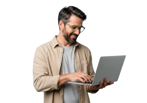 Smiling Bearded Man with Green Glasses Enthusiastically Engaged with Laptop, Representing Modern Digital Work, Online Communication, and Positive Professional Connection on white Background.