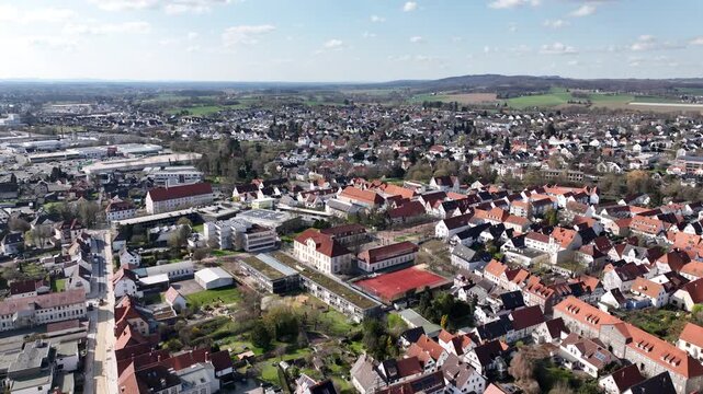 Reverse aerial of Lemgo skyline in German town
