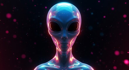 Close up portrait of a glowing alien head with large black eyes and a smooth pale blue and pink iridescent skin against a dark starry background with bokeh effects