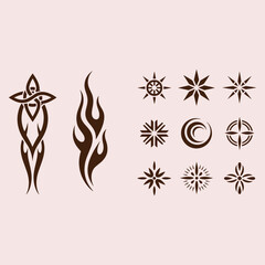 Obraz premium Collection of Celtic knot tribal flame and starburst graphic symbols in brown on a pale pink background