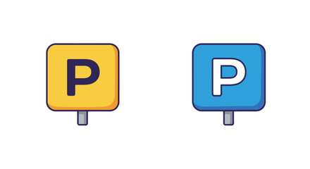 Two parking signs one yellow and one blue with a white p