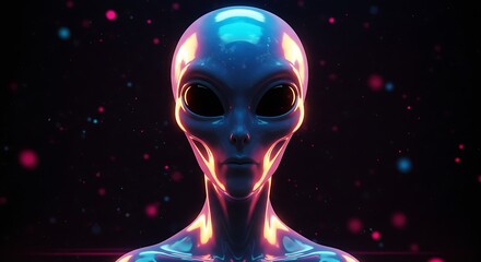 Close up portrait of a classic grey alien with large dark eyes and a smooth head illuminated by vibrant neon blue and pink lights against a dark cosmic background with scattered bokeh