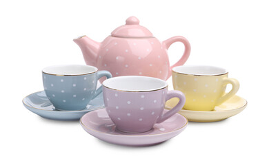 Beautiful tea set isolated on white. Child's toy