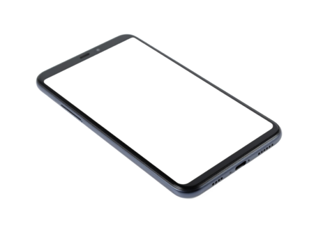 Sleek dark grey modern smartphone with blank black screen isolated on transparent background