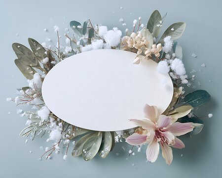 Oval frame with flower and snow isolated on white background