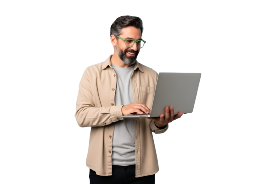 Smiling Bearded Man with Green Glasses Enthusiastically Engaged with Laptop, Representing Modern Digital Work, Online Communication, and Positive Professional Connection on white Background. - Powered by Adobe