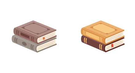 Two stacks of books with varying colors and bindings displayed