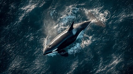Fototapeta premium Aerial shot of a killer whale breaching ocean surface, water splashing, top view