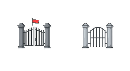 Illustration of two ornate metal gates with red flags on top