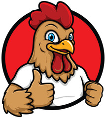 Cartoon chicken mascot giving thumbs up, poultry farm animal character, food branding illustration, cheerful bird artwork, cad drawing flat vector illustration