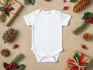 Onesie mockup for Christmas. A plain white baby onesie surrounded by festive decorations, including pinecones, berries, and wrapped gifts on a textured background.
