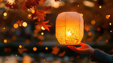 Kid holding a luminous handmade paper lantern during a Saint Martin's day procession in Germany, celebrating the autumnal holiday with glowing lights and falling leaves