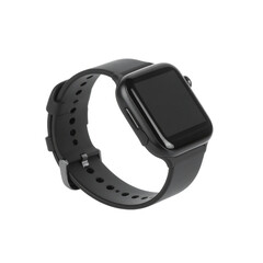 Black smartwatch with modern design and silicone strap, blank screen, isolated on transparent background