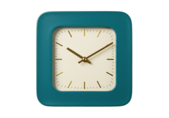 Teal square clock isolated on transparent background, modern design timepiece for home decor and time management