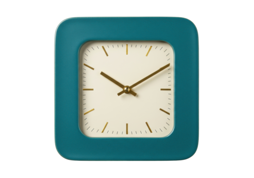 Teal square clock isolated on transparent background, modern design timepiece for home decor and time management