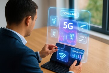 Analyzing 5g network data for enhanced connectivity modern office space digital interface professional environment close-up view technology insights