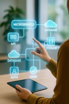 Microservices architecture and api integration for databases tech hub digital interaction modern office user-centric design