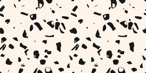 Simple vector seamless texture. Realistic pattern of mosaic floor surface with natural stones, marble, granite, randomly scattered particles. Terazzo flooring background. Black and white geo design