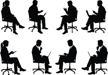 Silhouette vector illustration of business professionals sitting on office chairs using laptops and tablets, teamwork, communication, corporate digital workplace concept.