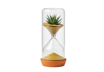 Hourglass with succulent plant isolated on transparent background, unique time concept with sand and plant for decoration and design