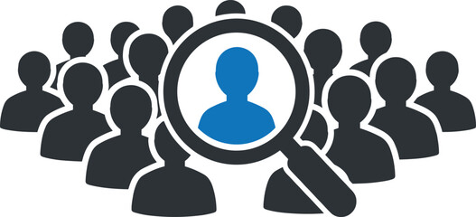 Recruitment vector icon, magnifying glass focusing on candidate, employee search, staff hiring, HR management, human resources, job selection illustration
