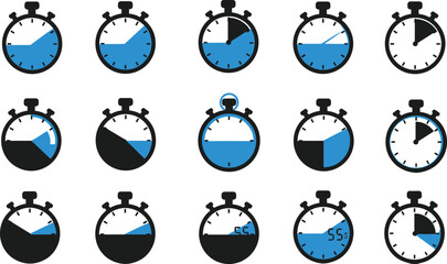 Stopwatch countdown vector icons collection, digital and analog timer illustrations, sport chronometer, time tracking, clock measurement tools, isolated design
