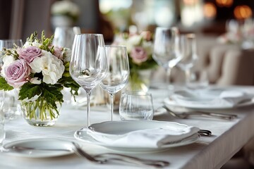 Fototapeta premium Table setting in an expensive restaurant, dishes in close-up. Side view.